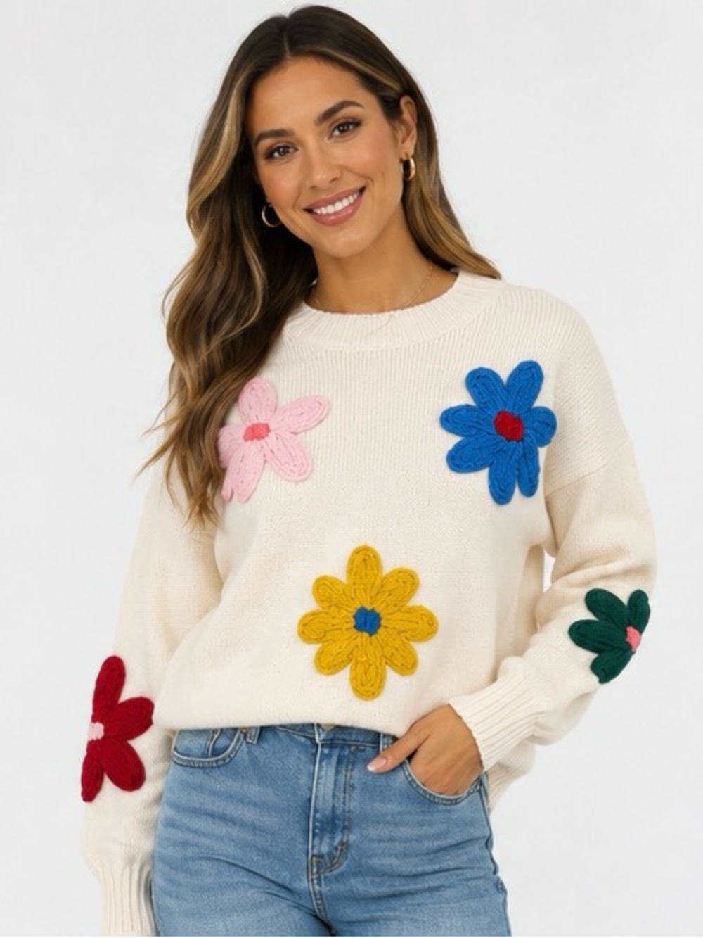 Petal + Pup S/M Cream Floral Appliqué Wool Blend Sweater Anthropologie Style 🌼